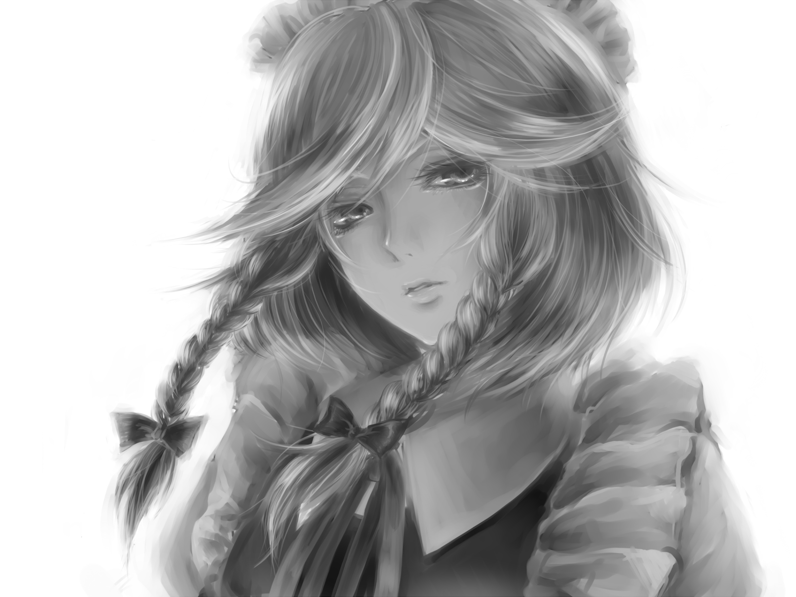 bone-beans, izayoi sakuya, touhou, highres, 1girl, bow, braid, close-up, eyelashes, female focus, greyscale, hair bow, lips, looking at viewer, monochrome, solo, twin braids