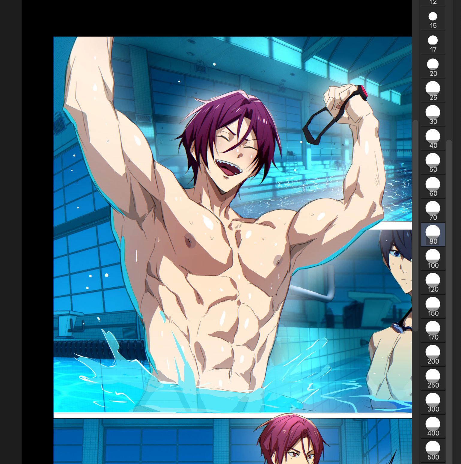 robokeh, matsuoka rin, nanase haruka (free!), free!, commentary, english commentary, highres, 2boys, abs, armpits, arms up, biceps, closed eyes, goggles, holding, holding removed eyewear, male focus, multiple boys, muscular, muscular male, nipples, open mouth, partially submerged, pectorals, pool, sharp teeth, short hair, solo focus, swim goggles, teeth, unworn eyewear, upper body, wet