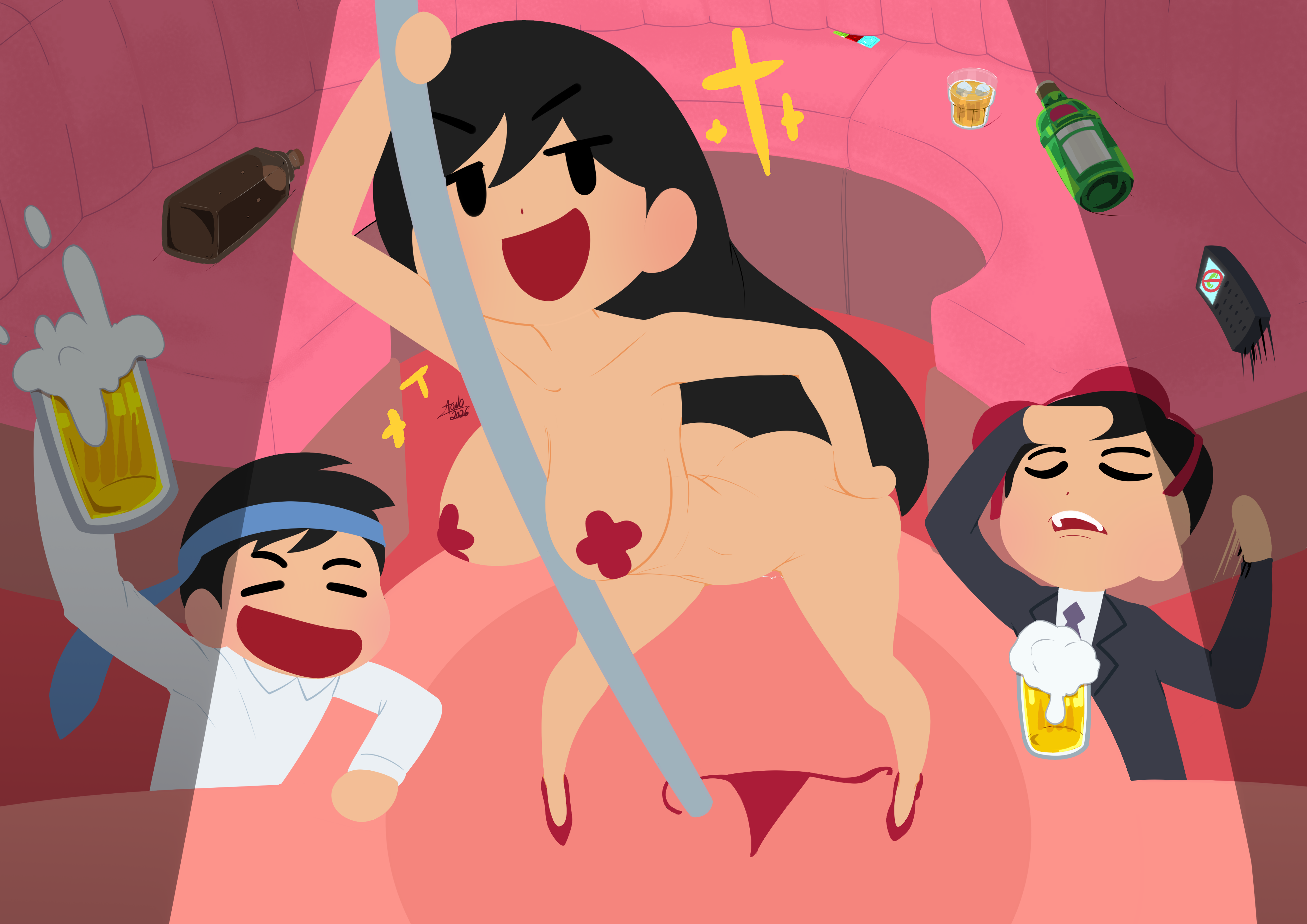 aonoexorcist100, irasutoya, original, strip club, absurdres, highres, 1girl, 2boys, alcohol, angry boss with happy family irasutoyas (meme), beer, black hair, bra, bra on head, breasts, cellphone, closed eyes, condom, condom wrapper, cross, cross pasties, formal clothes, holding, holding pole, large breasts, long hair, meme, mifune takashi (style), multiple boys, necktie around head, nightclub, object on head, open mouth, panties, parody, pasties, phone, pole, pole dancing, red panties, salaryman, smile, stage, stage lights, stripper, stripper pole, style parody, suit, underwear, unworn panties