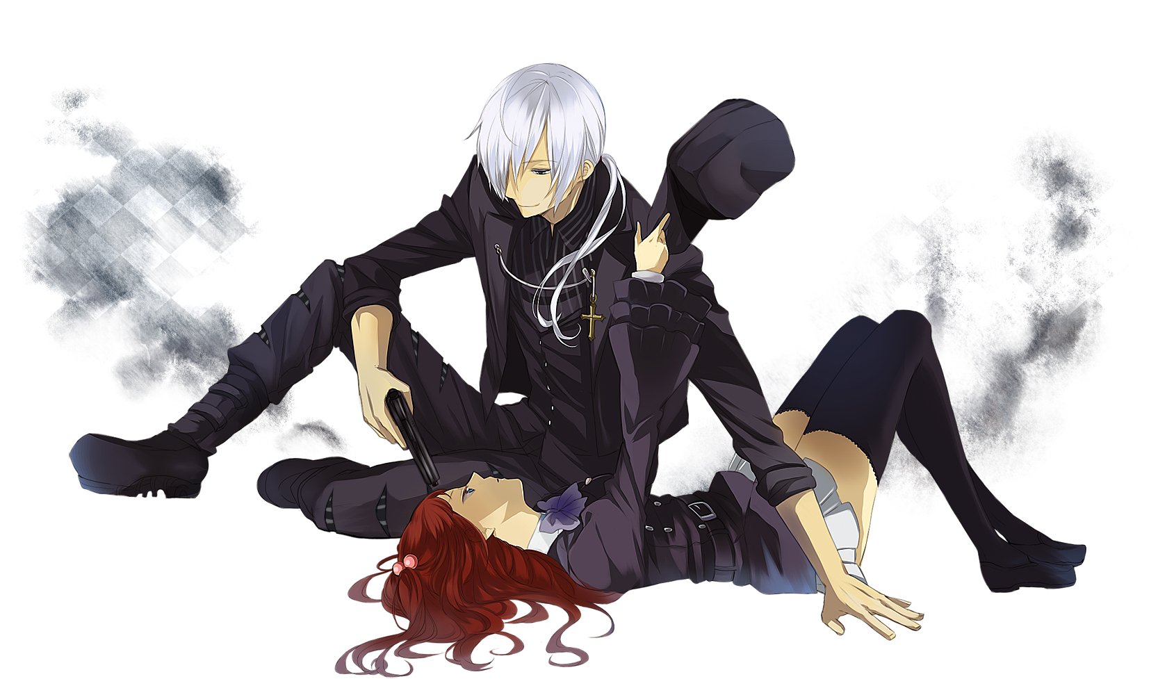 nanamura, amakusa juuza, ushiromiya ange, umineko no naku koro ni, silver hair, highres, gun, hat, red hair, skirt, thighhighs, weapon