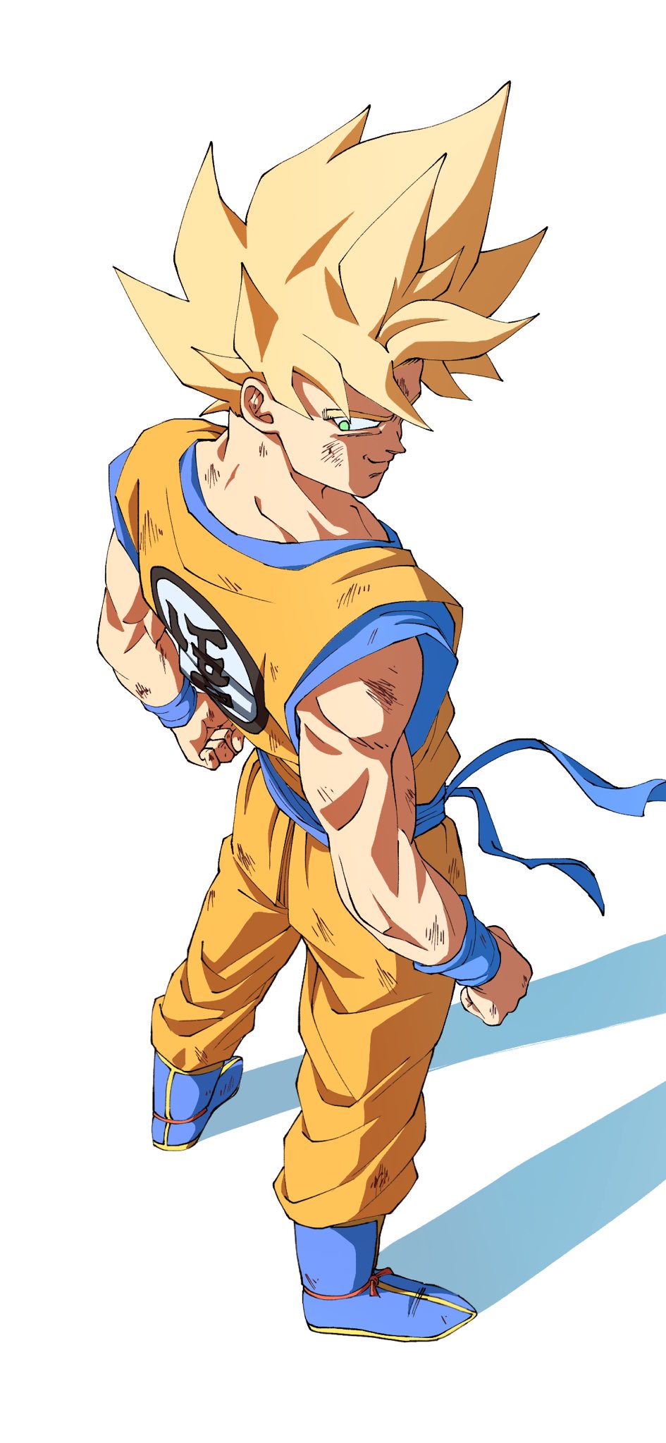 yuyu09010316, son goku, dragon ball, dragonball z, commentary request, highres, 1boy, blue boots, blue shirt, blue wrist cuffs, boots, from behind, full body, green eyes, male focus, medium hair, muscular, muscular male, orange pants, orange shirt, pants, shirt, solo, spiked hair, standing, super saiyan, super saiyan 1, wrist cuffs
