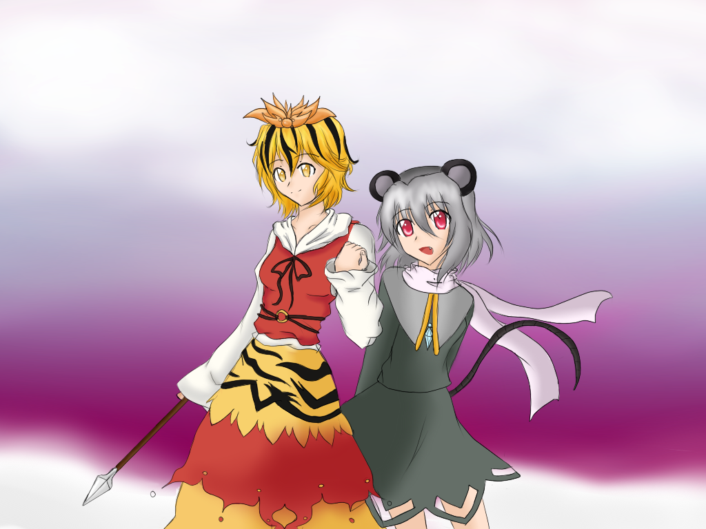 nazrin, toramaru shou, touhou, 2girls, animal ears, blonde hair, crystal, female focus, gradient background, grey hair, happy, mouse ears, multiple girls, red eyes, scarf, short hair, standing, yellow eyes