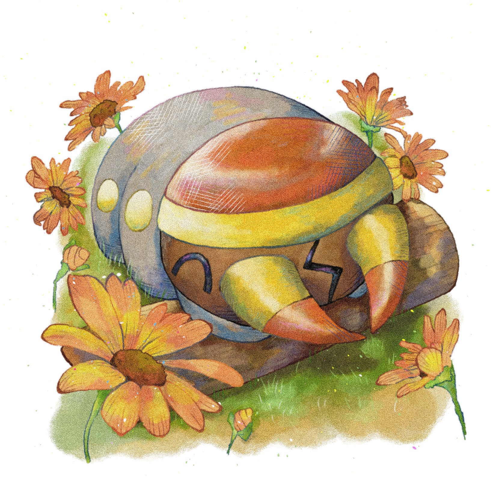 fukyo, grubbin, nintendo, pokemon, highres, ^ ^, bug, carapace, closed eyes, coneflower, dirt, flower, full body, gen 7 pokemon, grass, happy, log, no humans, outdoors, petals, pincers, pokemon (creature), pokemon focus, sideways mouth, solo, white background