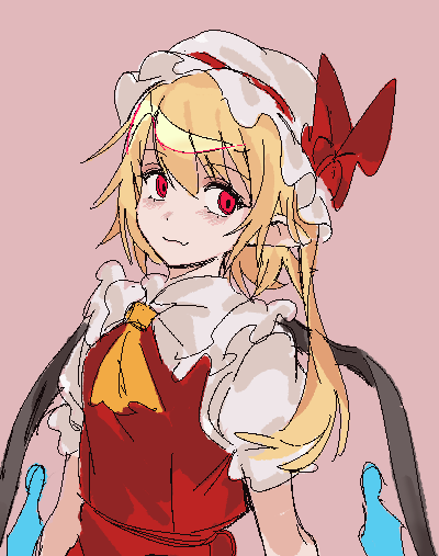 quatro10257041, flandre scarlet, touhou, 1girl, ascot, blonde hair, bow, closed mouth, collared shirt, crystal wings, empty eyes, fang, frills, hair between eyes, hat, hat bow, long hair, looking ahead, mob cap, pointy ears, puffy short sleeves, puffy sleeves, purple background, red bow, red eyes, red skirt, red vest, shirt, short sleeves, side ponytail, simple background, skin fang, skirt, skirt set, smile, solo, upper body, vest, white hat, white shirt, wings, yellow ascot