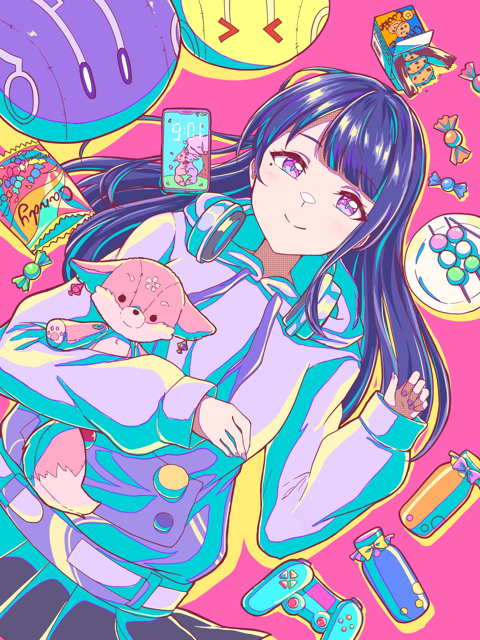 electro slime (genshin impact), mutant electro slime (genshin impact), raiden shogun, raiden shogun (2nd anniversary), slime (genshin impact), yae miko, yae miko (fox), genshin impact, commentary, highres, 1girl, alternate costume, black skirt, blunt bangs, blush, candy, cellphone, character doll, closed mouth, controller, cookie, dango, doll, food, game controller, happy, headphones, hood, hood down, hoodie, horn2189haruru, hoyofair, light blush, light smile, long hair, long sleeves, looking at viewer, looking up, lying, mole, mole under eye, on back, phone, pink background, purple eyes, purple hair, purple hoodie, purple nails, shade, skirt, smartphone, snack, solo, wagashi