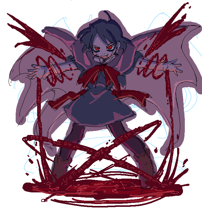 carrie fernandez, castlevania: legacy of darkness, castlevania (series), blood, bow, cape, child, corruption, dark persona, fang, magic, oekaki, pantyhose, red eyes, runes, short hair, skirt, smile, vampire