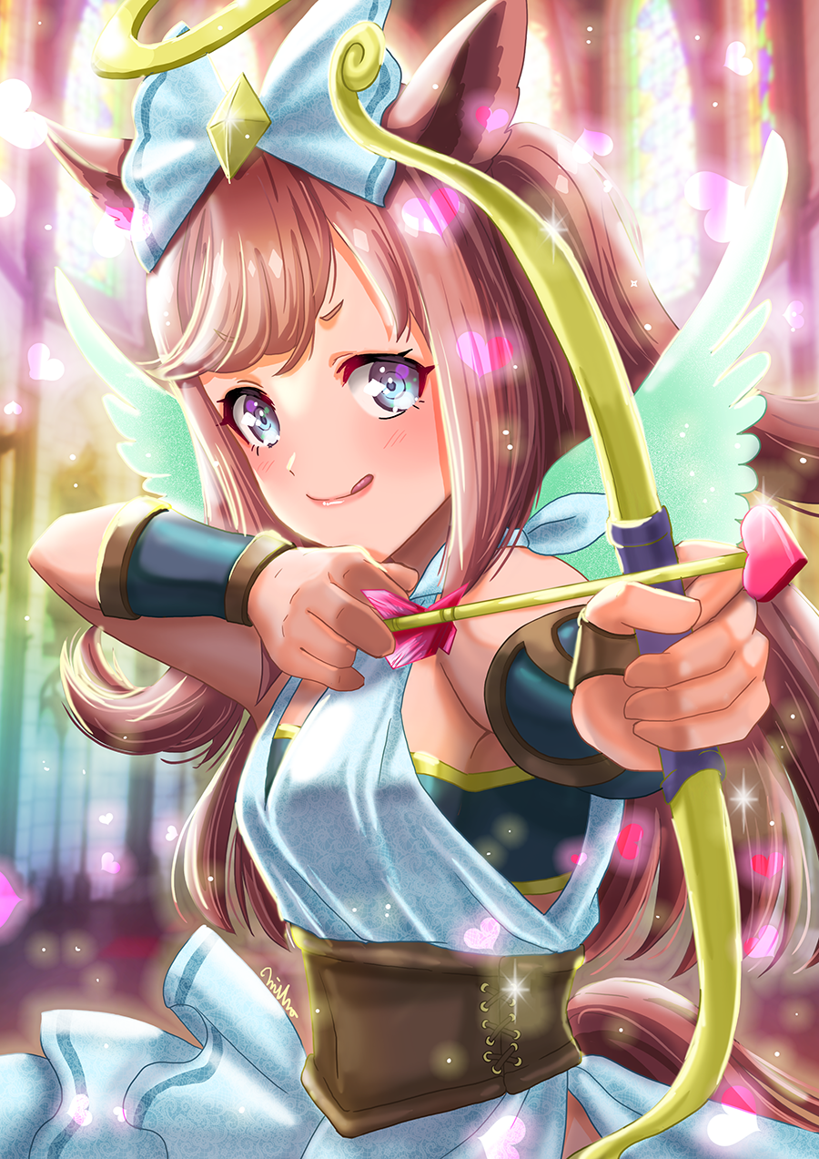 otono (bkt4b), agnes digital (umamusume), umamusume, commentary request, highres, 1girl, alternate costume, animal ears, armpits, arrow (projectile), bare shoulders, blue eyes, bow, bow (weapon), breasts, brown corset, corset, cupid, dress, fake wings, hair bow, heart, horse ears, horse girl, horse tail, pink hair, signature, small breasts, solo, tail, tongue, tongue out, weapon, white bow, white dress, wings