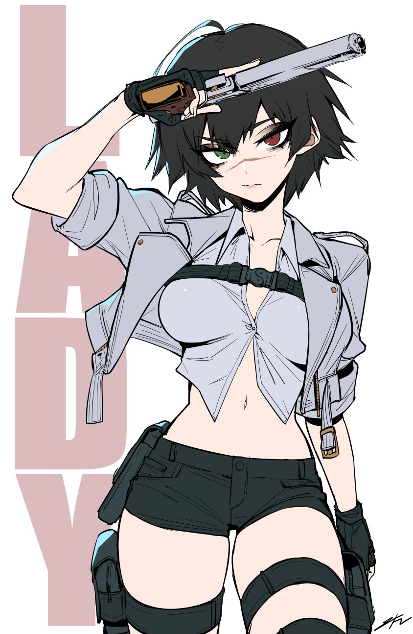 j.k., lady (devil may cry), devil may cry (series), devil may cry 5, commentary, english commentary, highres, 1girl, black gloves, black hair, black shorts, breasts, character name, chest belt, collared shirt, cowboy shot, fingerless gloves, gloves, green eyes, gun, handgun, heterochromia, holding, holding gun, holding weapon, holster, jacket, large breasts, looking at viewer, midriff, navel, open clothes, open jacket, red eyes, scar, scar on face, shirt, short hair, short shorts, shorts, signature, simple background, solo, trigger discipline, weapon, white background, white jacket, white shirt
