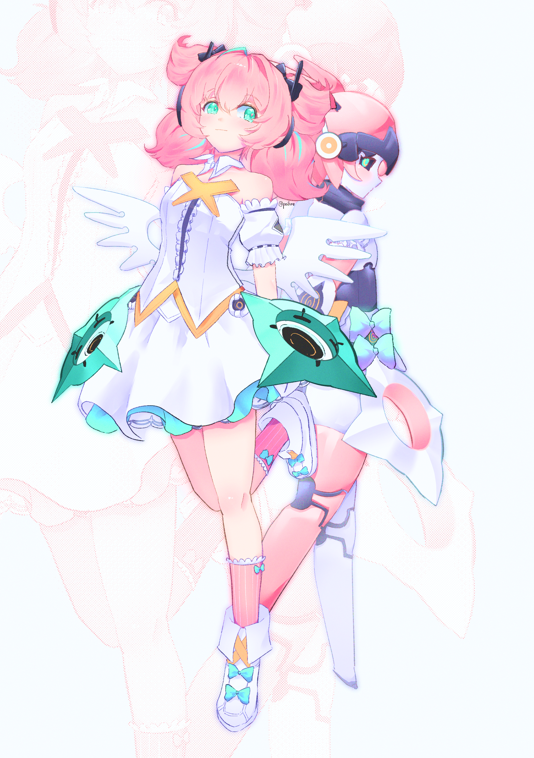 yutane johiel, zenless zone zero, absurdres, commentary, english commentary, highres, 2girls, ahoge, aqua skirt, aqua streaks, back-to-back, bare shoulders, black sclera, bow, colored sclera, detached sleeves, dual persona, frilled sleeves, frills, full body, green bow, green eyes, humanoid robot, looking back, mechanical ears, miniskirt, multiple girls, pink hair, pink socks, poikra, puffy short sleeves, puffy sleeves, quad tails, ribbed socks, robot, robot girl, shirt, shoes, short sleeves, skirt, skirt set, sleeveless, sleeveless shirt, socks, speaker, standing, standing on one leg, too many bows, twitter username, white shirt, white shoes, white skirt