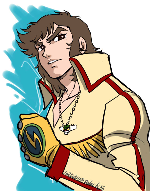 sabachiyo land, shiba hiroshi, koutetsu jeeg, 1970s (style), black eyes, cyborg, jewelry, mature male, mecha, medium hair, necklace, oldschool, retro artstyle, robot