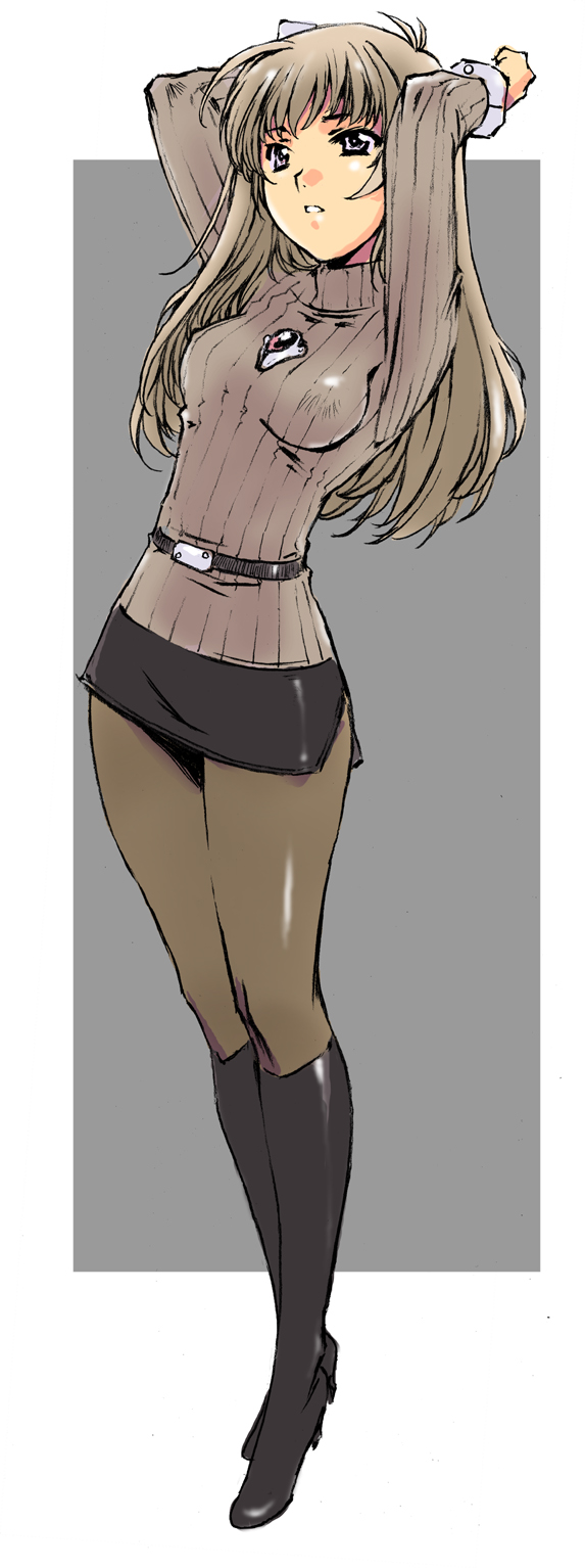 moriguchi nao (naonao), naonao77, original, highres, 1girl, arms up, boots, breasts, brown eyes, brown hair, cleavage, female focus, knee boots, legs, miniskirt, pantyhose, pencil skirt, skirt, solo, sweater