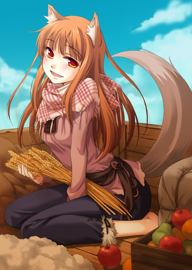 ginta, holo, spice and wolf, 1girl, animal ears, apple, barefoot, brown hair, female focus, food, fruit, kneeling, sitting, solo, tail, wheat, wolf ears, wolf tail, yellow eyes