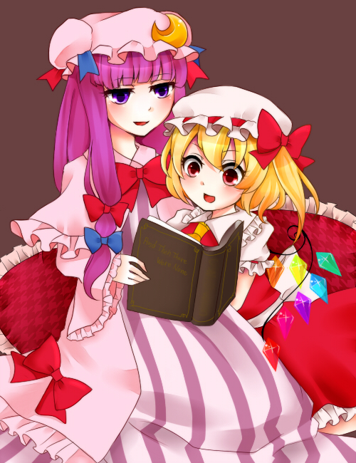 neko-san (artist), neko-san (dim.dream), flandre scarlet, patchouli knowledge, embodiment of scarlet devil, touhou, bad id, bad pixiv id, 2girls, :d, blonde hair, book, bow, crescent, crescent moon, demon wings, dress, female focus, hair ribbon, hat, moon, multiple girls, open book, open mouth, purple hair, reading, red eyes, ribbon, sitting, smile, wings