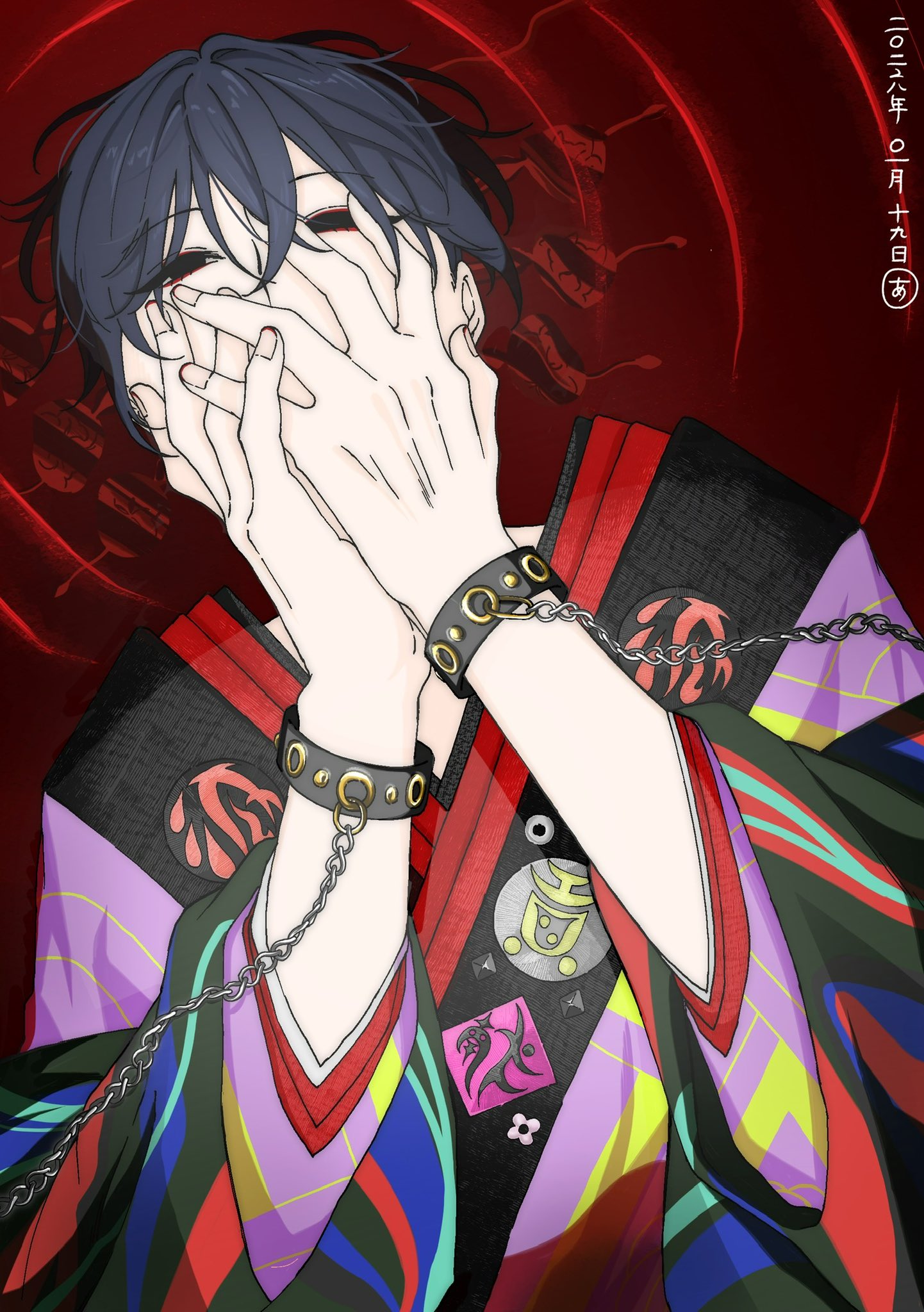 charisma house, commentary request, highres, 1boy, 2026, aa moimoi, black eyes, black kimono, blue hair, chain, covering face, cuffs, dated, double-parted bangs, empty eyes, eyeliner, hair between eyes, handcuffs, japanese clothes, kimono, layered kimono, long sleeves, looking at viewer, makeup, male focus, motohashi iori, multicolored kimono, official alternate costume, pale skin, print kimono, purple kimono, red background, red eyeliner, red nails, red trim, short hair, signature, solo, upper body, wide sleeves