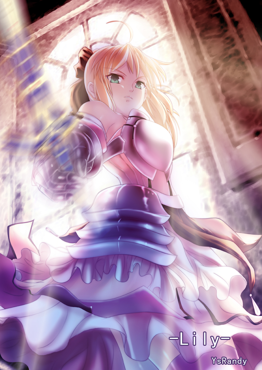 ysrandy, artoria pendragon (fate), saber (fate), saber lily, capcom, fate/stay night, fate/unlimited codes, fate (series), 1girl, armor, armored dress, blonde hair, caliburn (fate), dress, faulds, female focus, green eyes, ponytail, ribbon, serious, solo, sword, weapon