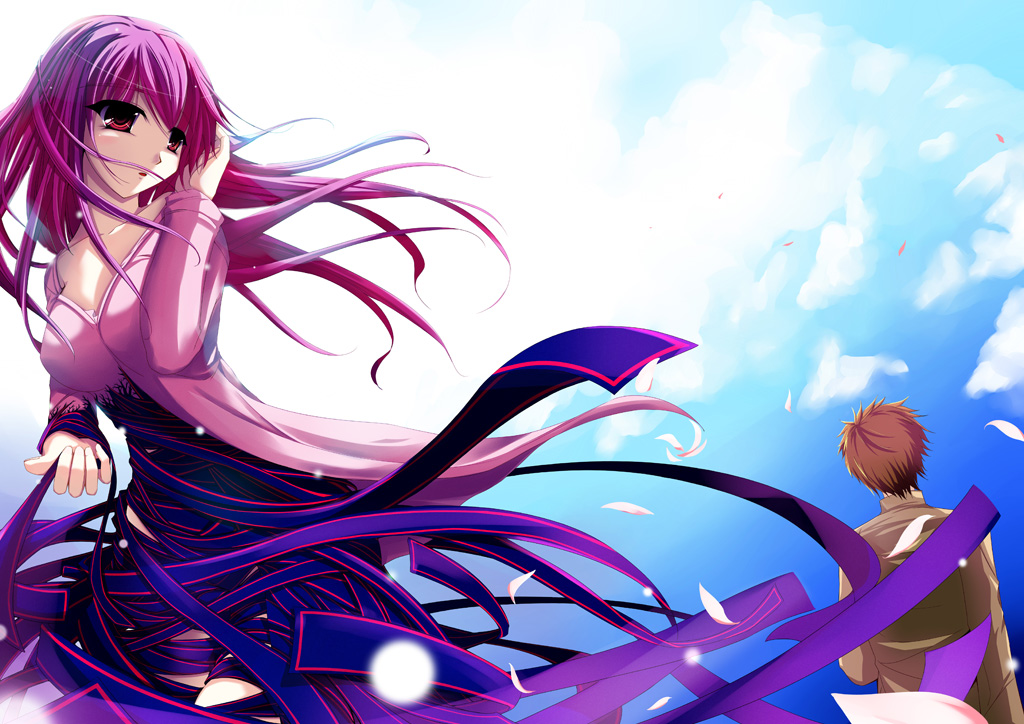 meijou tsuki usagi, nashiro tsukito, dark sakura, emiya shirou, matou sakura, fate/stay night, fate (series), spoilers, 1boy, 1girl, cloud, purple hair, sky