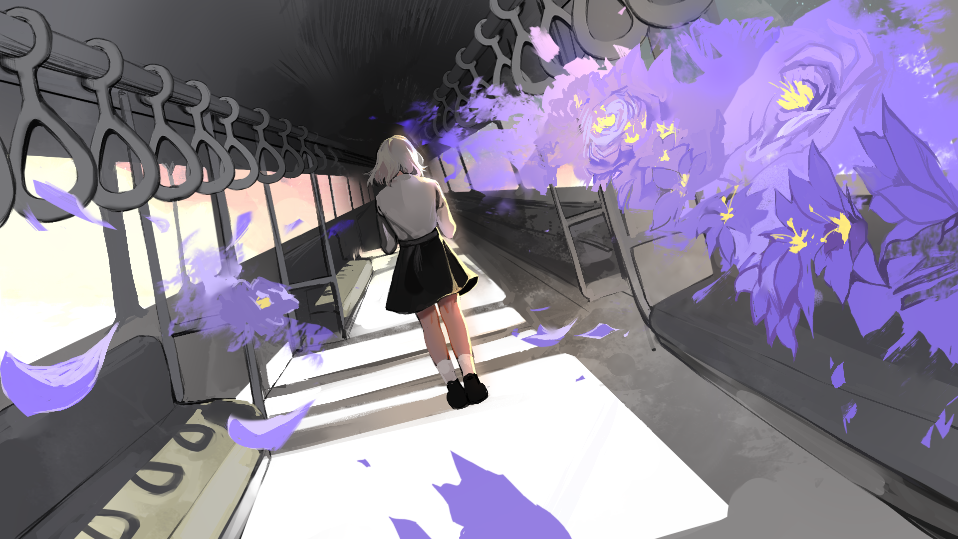 angela he, highres, non-web source, official art, 1girl, black skirt, bob cut, day, dutch angle, facing away, falling petals, flower, from behind, full body, hand guard, long sleeves, overgrown, petals, purple flower, shirt, short hair, skirt, solo, train interior, white hair, white shirt, wind, wind lift, window light, you left me