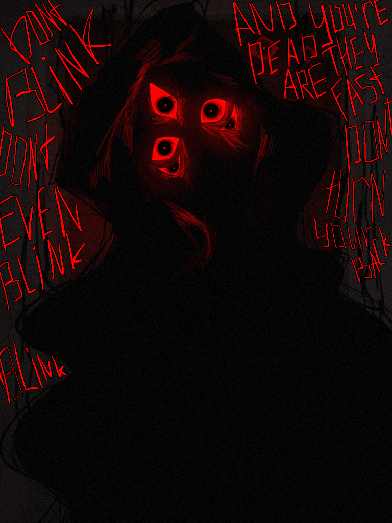 original, ambiguous gender, colored sclera, dark, eldritch abomination, english text, extra eyes, hood, hood up, horror (theme), long hair, looking at viewer, ogirok, red eyes, red sclera, silhouette, solo, sound effects