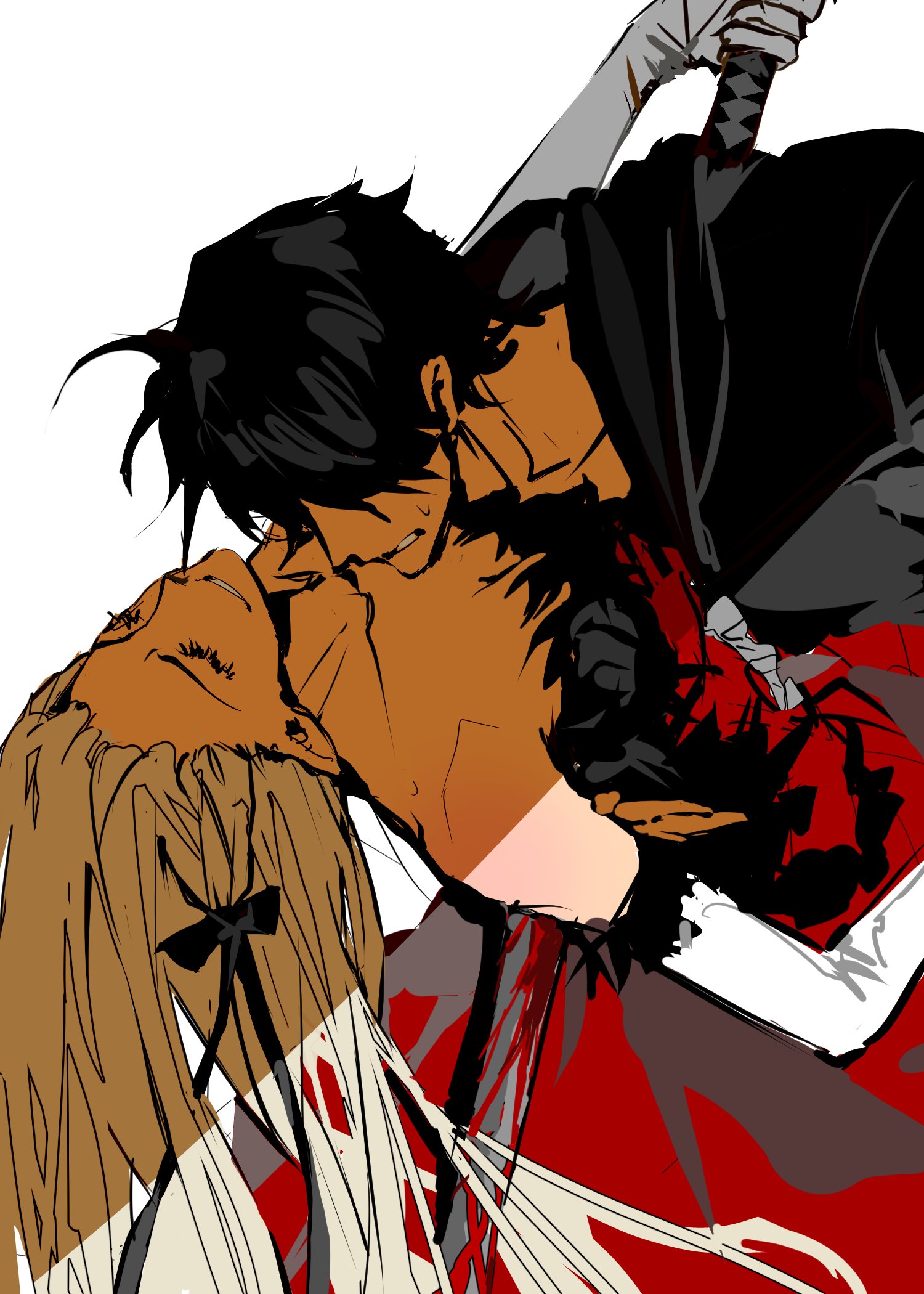 poxiao354, araragi koyomi, kiss-shot acerola-orion heart-under-blade, oshino shinobu, monogatari (series), hashtag-only commentary, highres, 1boy, 1girl, black hair, blonde hair, dress, feather-trimmed dress, feather-trimmed gloves, holding, holding sword, holding weapon, mature female, old, old woman, red dress, sword, vampire, weapon