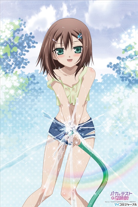 kinoshita hideyoshi, baka to test to shoukanjuu, official art, 1boy, blush, denim, denim shorts, male focus, short shorts, shorts, shota, smile, solo, trap, water
