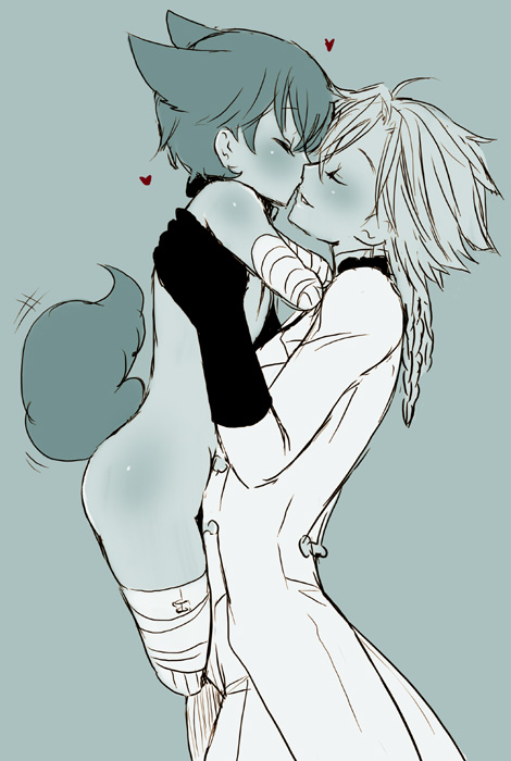 shiraishi asuka, gino weinberg, kururugi suzaku, code geass, 2boys, amputee, animal ears, bandages, blonde hair, closed eyes, collar, kiss, male focus, multiple boys, nude, shota, smile, tail, yaoi