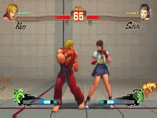 kasugano sakura, ken masters, capcom, street fighter, street fighter iv (series), animated, animated gif, lowres, non-web source, 1boy, 1girl, blue sailor collar, fighting, game screenshot, headband, qvga, sailor collar, school uniform, serafuku, shin shoryuken, shin shouryuuken, shouryuuken, uppercut, white headband