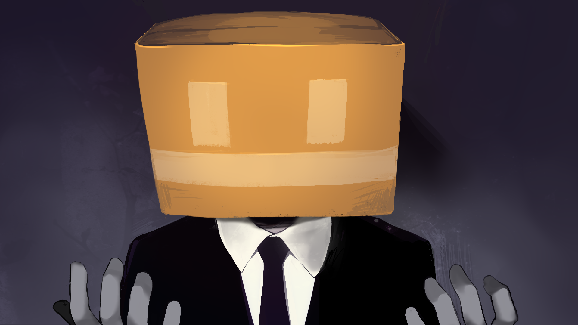 angela he, highres, non-web source, official art, 1other, black coat, black necktie, box, censored, censored identity, coat, collared shirt, facing viewer, hands up, necktie, other focus, shirt, smiley face, solo, white shirt, you left me