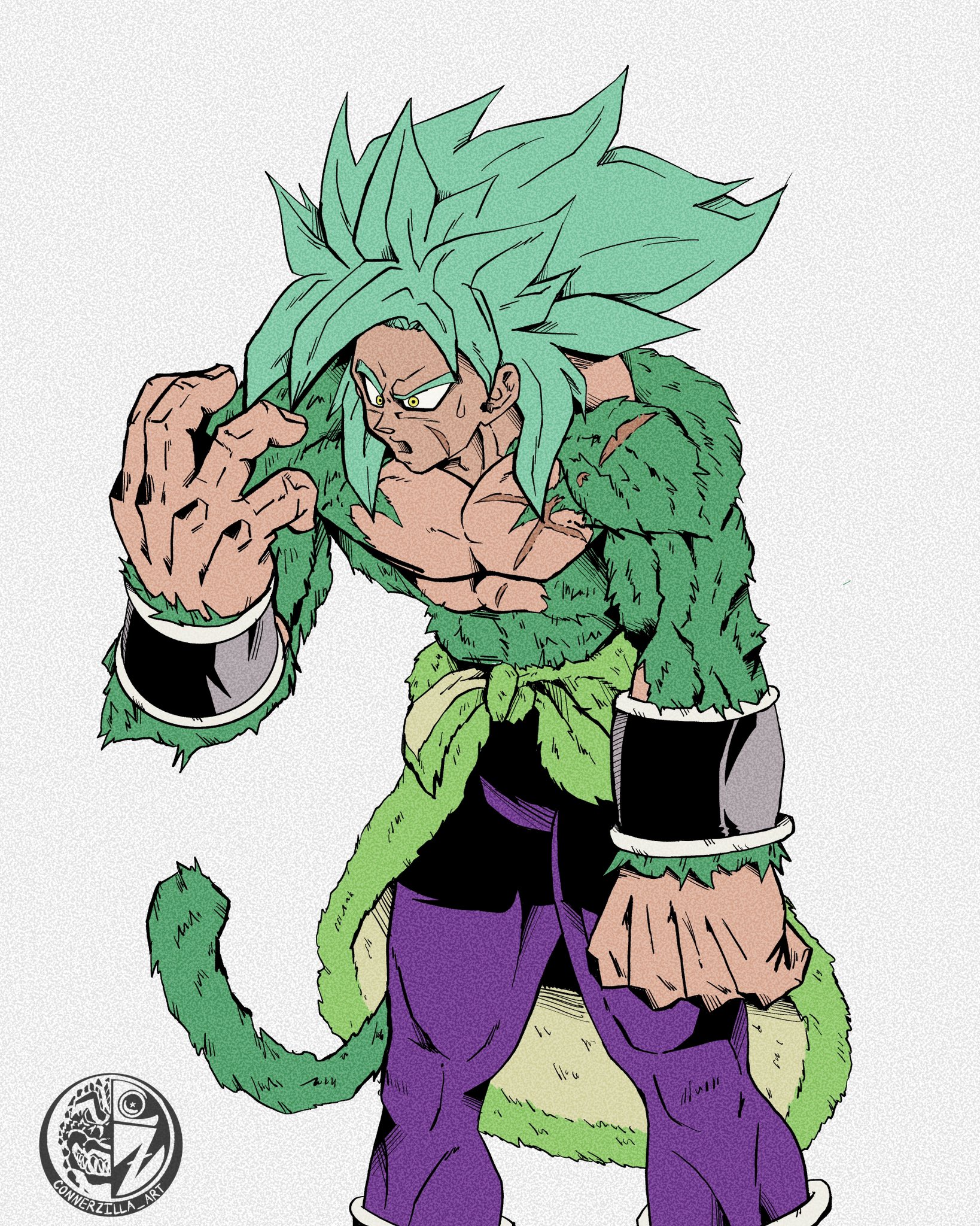 czbuff11, broly (dragon ball super), dragon ball, dragon ball daima, dragon ball super, dragon ball super broly, commentary, english commentary, highres, 1boy, body fur, green fur, green hair, green tail, legendary super saiyan, male focus, monkey tail, pants, purple pants, scar, scar on face, simple background, solo, spiked hair, super saiyan, super saiyan 4, tail, topless male, white background, yellow eyes