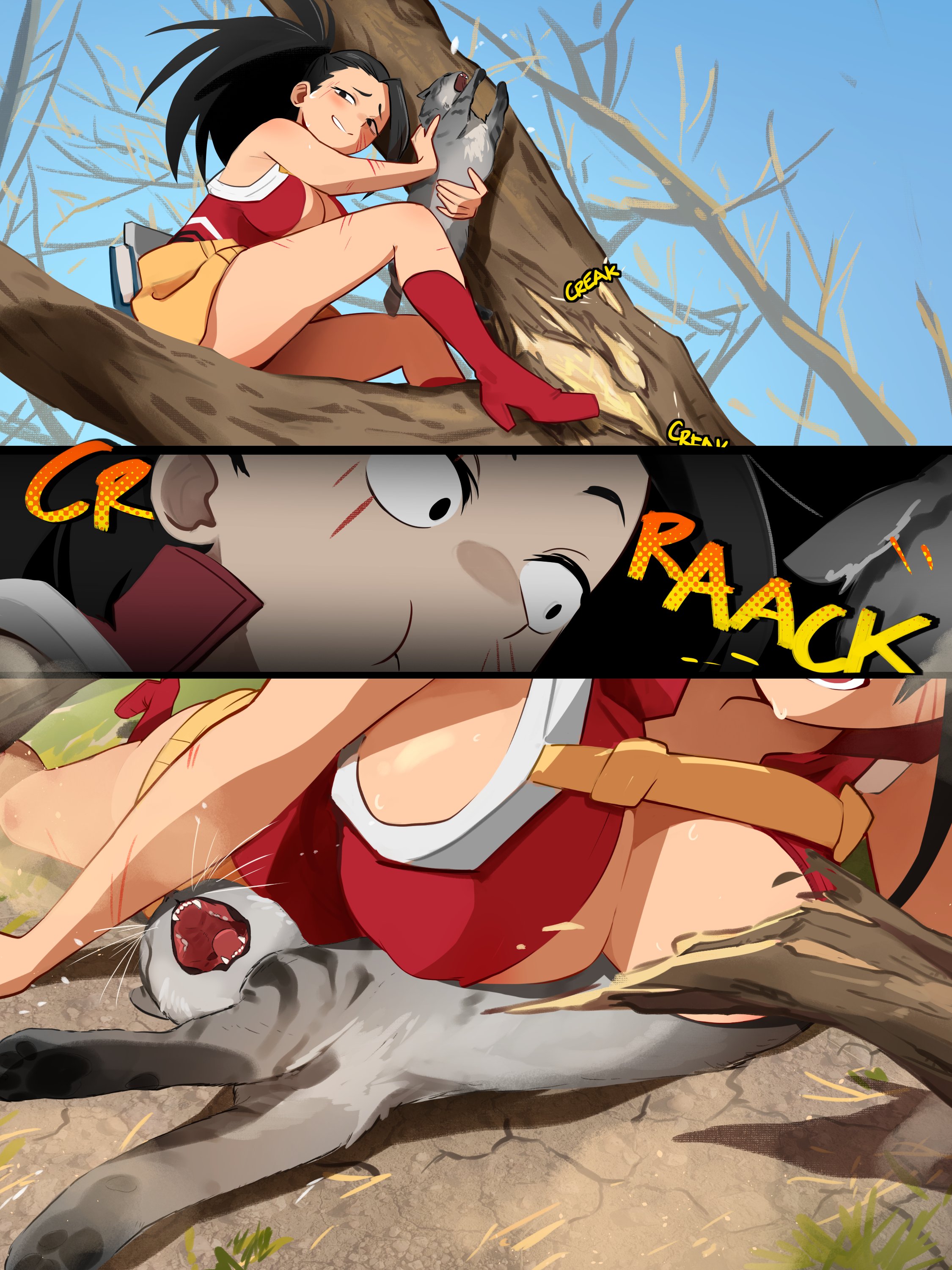 khyle., yaoyorozu momo, boku no hero academia, 1girl, accident, animal, bare arms, bare legs, bare shoulders, belt, black eyes, black hair, blue sky, book, boots, branch, breasts, cameltoe, cat, center opening, chest belt, cleavage, climbing, climbing tree, collar, day, falling, grass, grey fur, high collar, high heels, holding, holding animal, holding cat, large breasts, legs, leotard, lying, lying on animal, matching hair/eyes, meme, nervous, nervous smile, nervous sweating, nipples, no bra, on ground, on stomach, outdoors, parody, ponytail, red boots, red collar, red heels, red leotard, scratches, screaming, sitting on branch, sky, sleeveless, smile, sound effects, superhero costume, surprised, sweat, sweatdrop, teeth, thick thighs, thighs, tongue, tree, utility belt, whiskers