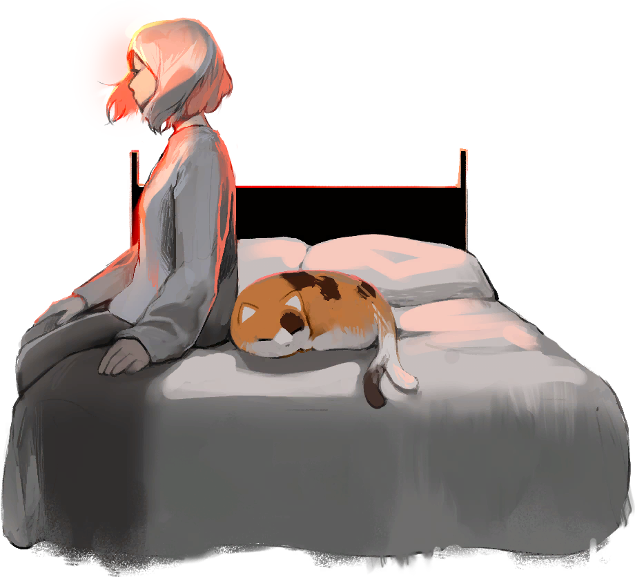 angela he, non-web source, official art, 1girl, bed, bob cut, calico (pattern), calico cat, facing to the side, from side, full body, long sleeves, pillow, shirt, short hair, sitting, white hair, white shirt, you left me