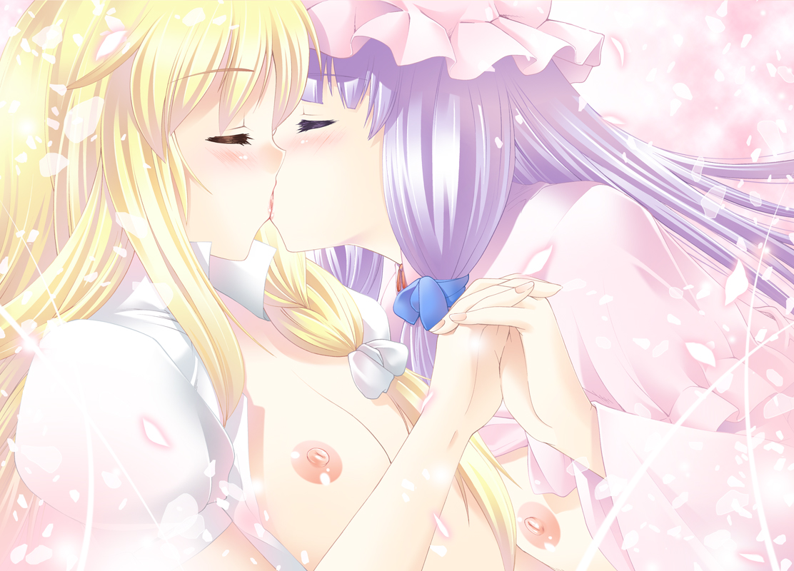 gen (genetrix), kirisame marisa, patchouli knowledge, touhou, bad id, bad pixiv id, 2girls, blonde hair, breasts, closed eyes, couple, female focus, flat chest, hat, holding hands, kiss, multiple girls, nipples, open clothes, open shirt, shirt, small breasts, yuri
