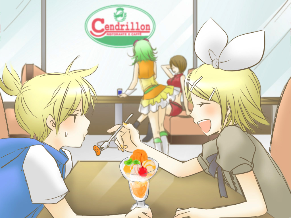 michiru (pink), gumi, kagamine len, kagamine rin, meiko (vocaloid), vocaloid, 1boy, 3girls, blonde hair, blush, brother and sister, feeding, food, green hair, hair ribbon, multiple girls, parfait, ribbon, short hair, siblings