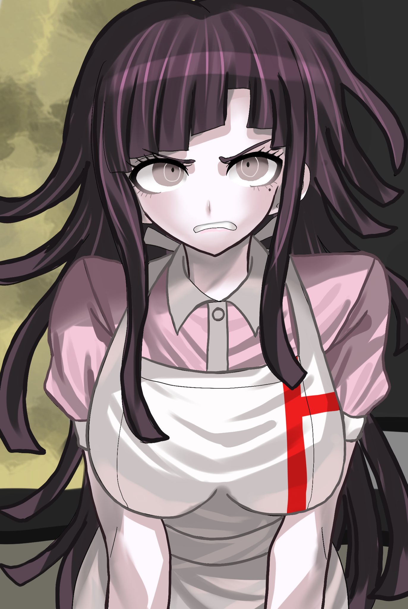 tsumiki mikan, danganronpa (series), danganronpa 2: goodbye despair, commentary request, highres, 1girl, angry, apron, bandages, black hair, blush, breasts, collared shirt, large breasts, long hair, looking at viewer, mole, mole under eye, pink shirt, puffy short sleeves, puffy sleeves, shirt, short sleeves, solo, tarutaru428, teeth, white apron