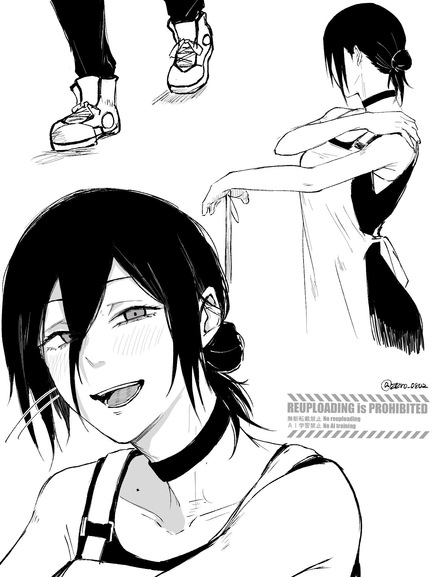 denji (chainsaw man), reze (chainsaw man), chainsaw man, commentary request, highres, 1boy, 1girl, apron, black choker, black dress, black hair, black pants, choker, collarbone, cropped legs, dress, grey eyes, greyscale, half up bun, hand on own shoulder, looking at viewer, mole, mole on collarbone, monochrome, multiple views, open mouth, pants, raised eyebrows, salty fima, shoes, simple background, smile, sneakers, turning head, twitter username, white apron, white background