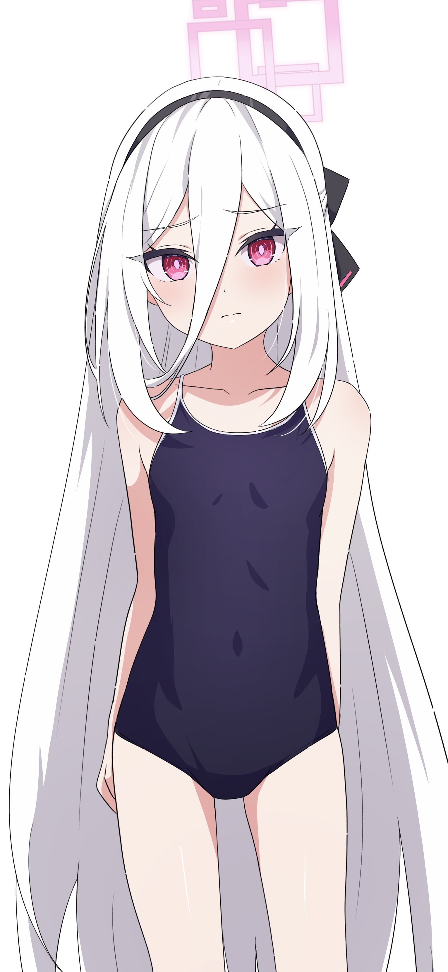 na-suke, kei (blue archive), blue archive, absurdres, commentary request, highres, partial commentary, 1girl, alternate costume, black hairband, blue one-piece swimsuit, collarbone, covered navel, cowboy shot, double-parted bangs, flat chest, hair between eyes, hairband, halo, long hair, long hair between eyes, looking at viewer, one-piece swimsuit, pink eyes, ringed eyes, school swimsuit, simple background, solo, straight hair, swimsuit, thighs, very long hair, white background, white hair