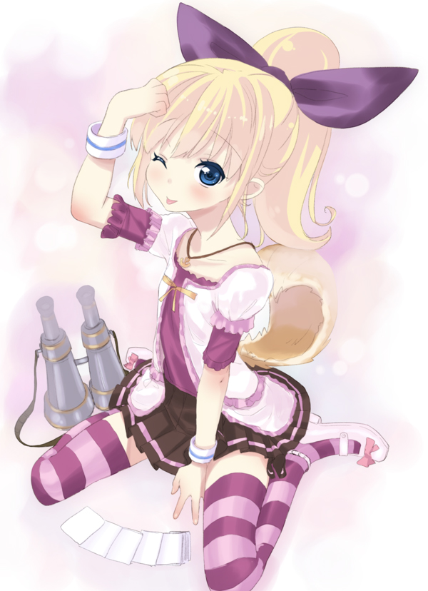tsukigami runa, patty fleur, tales of (series), tales of vesperia, 00s, 1girl, alternate hairstyle, binoculars, blonde hair, blue eyes, bow, card, card road, dojikko pose, female focus, jewelry, necklace, official alternate costume, one eye closed, pile of cards, ponytail, purple thighhighs, shoes, sitting, skirt, solo, striped clothes, striped thighhighs, thighhighs, wariza, white background, wink, wristband, zettai ryouiki