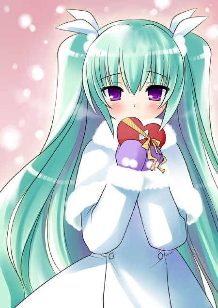 ezekiel, ezekiel (osananajimi wa daitouryou), osananajimi wa daitouryou, 1girl, aqua hair, blush, chocolate, coat, female focus, fur coat, gift, gloves, hair ornament, heart, holding, holding gift, long hair, purple eyes, ribbon, solo, twintails, two side up, valentine, very long hair
