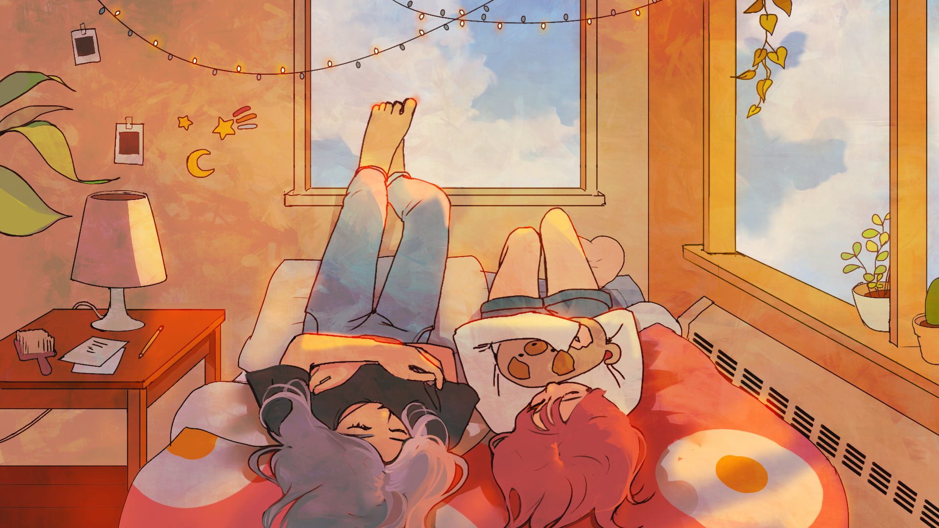 angela he, highres, non-web source, official art, 2girls, barefoot, bedroom, black shirt, day, denim, denim shorts, fairy lights, feet up, full body, grey hair, hugging object, indoors, jeans, lamp, long hair, looking at another, lying, missed messages, multiple girls, on back, pants, pink hair, plant, potted plant, shirt, shorts, t-shirt, talking, white shirt, window light