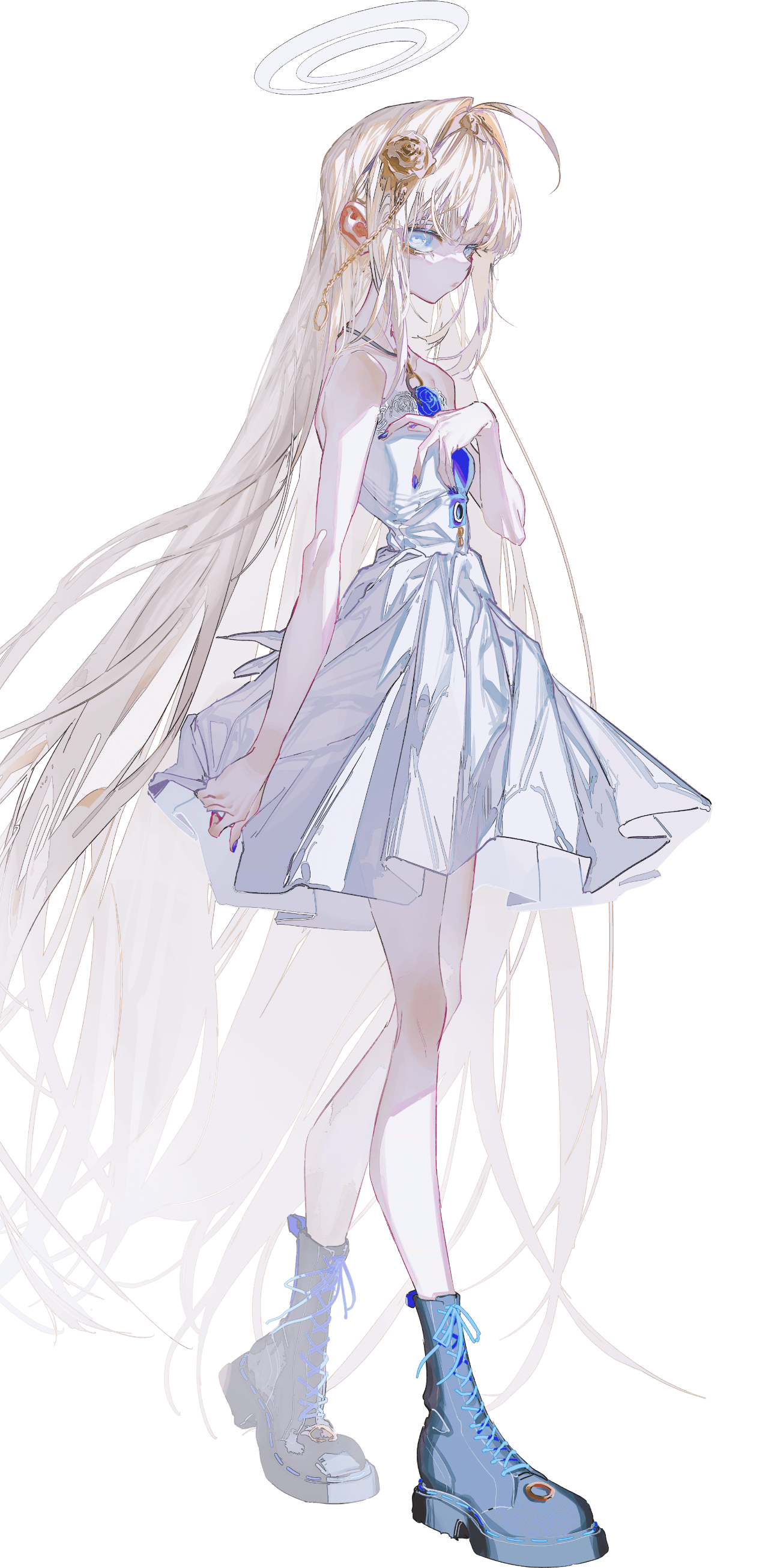 rolua, enoa (crymachina), crymachina, absurdres, highres, official art, 1girl, bare shoulders, blonde hair, blue eyes, breasts, dress, expressionless, flower, full body, hair flower, hair ornament, halo, hand on own chest, long hair, looking at viewer, platform shoes, rose, shoes, small breasts, solo, transparent background, very long hair, white dress