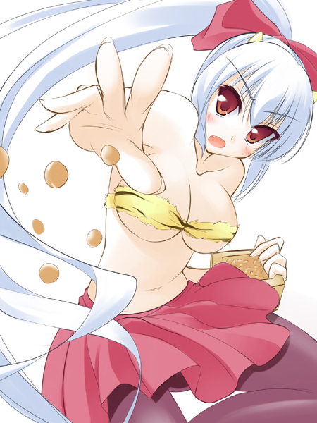 irina vladimirovna putina, osananajimi wa daitouryou, 1girl, animal print, beans, bikini, bikini top only, bow, breasts, cleavage, cosplay, female focus, horns, large breasts, long hair, mamemaki, masu, midriff, miniskirt, navel, oni, pantyhose, ponytail, red eyes, ribbon, setsubun, skirt, solo, swimsuit, tiger print, white hair, yellow bikini