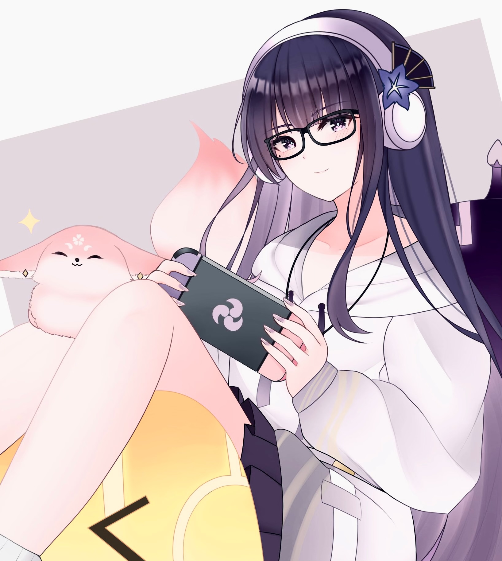 marutaro, electro slime (genshin impact), mutant electro slime (genshin impact), raiden shogun, raiden shogun (2nd anniversary), slime (genshin impact), yae miko, yae miko (fox), genshin impact, commentary, highres, 1girl, blush, closed mouth, from side, glasses, hair down, head tilt, headphones, holding, hood, hoodie, hoyofair, leaning back, light smile, long sleeves, looking at viewer, looking to the side, mitsudomoe (shape), mole, mole under eye, nintendo switch, playing games, purple eyes, purple hair, purple hoodie, skirt, solo, tomoe (symbol)