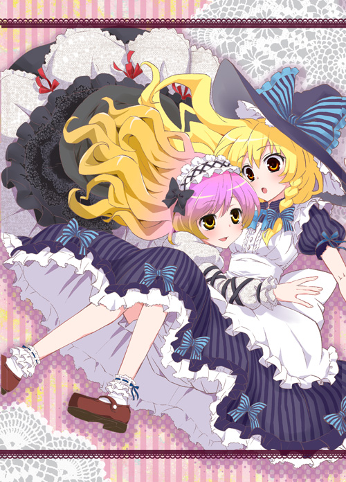 sakurai makoto, sakurai makoto (custom size), sortie, hijiri byakuren, kirisame marisa, touhou, brown footwear, 2girls, :o, alternate costume, apron, black bow, black hat, blonde hair, blue ribbon, bow, braid, buttons, dress, female focus, frilled apron, frilled bow, frills, full body, gothic lolita, gradient hair, hairband, hat, hat bow, juliet sleeves, lolita fashion, lolita hairband, long hair, long sleeves, mary janes, multicolored hair, multiple girls, neck ribbon, open mouth, orange eyes, puffy short sleeves, puffy sleeves, purple hair, red ribbon, ribbon, ribbon-trimmed legwear, ribbon-trimmed socks, ribbon trim, sash, shoes, short sleeves, side braid, socks, striped background, striped bow, striped clothes, striped dress, vertical-striped clothes, vertical-striped dress, white bow, witch, witch hat, yellow eyes