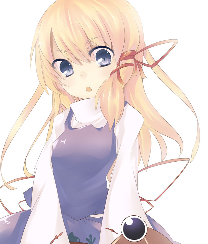 kuroi mizore, moriya suwako, touhou, bad id, bad pixiv id, 1girl, blonde hair, blue eyes, dress, female focus, frog, hair ribbon, hat, long hair, long sleeves, looking down, purple eyes, ribbon, solo, staring, turtleneck, unworn hat, unworn headwear