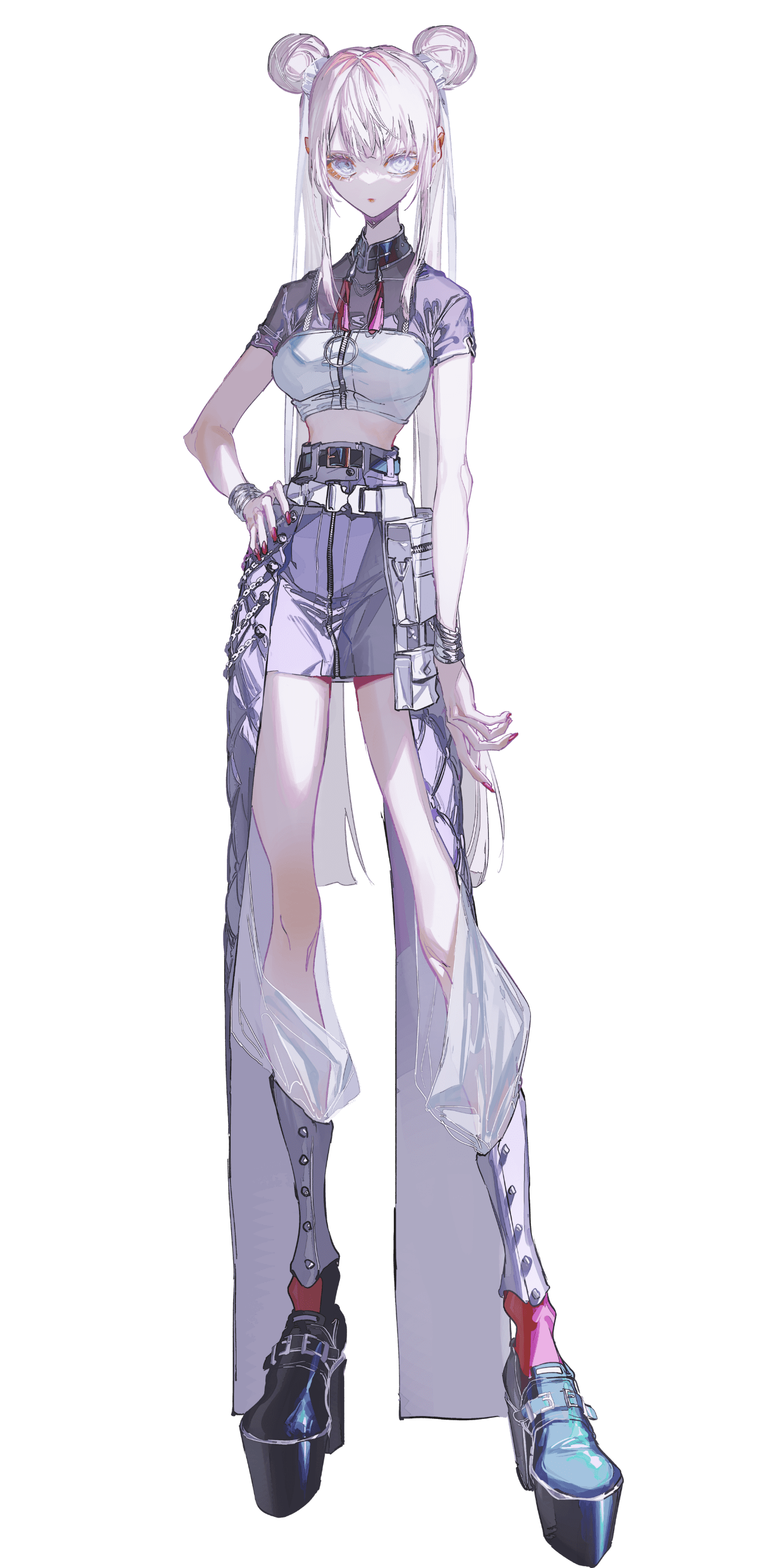 rolua, leben distel (crymachina), crymachina, absurdres, highres, official art, 1girl, belt, breasts, crop top, double bun, expressionless, fingernails, full body, hair bun, long fingernails, long hair, medium breasts, miniskirt, platform shoes, shoes, skirt, solo, transparent background, twintails, very long hair, white eyes, white hair