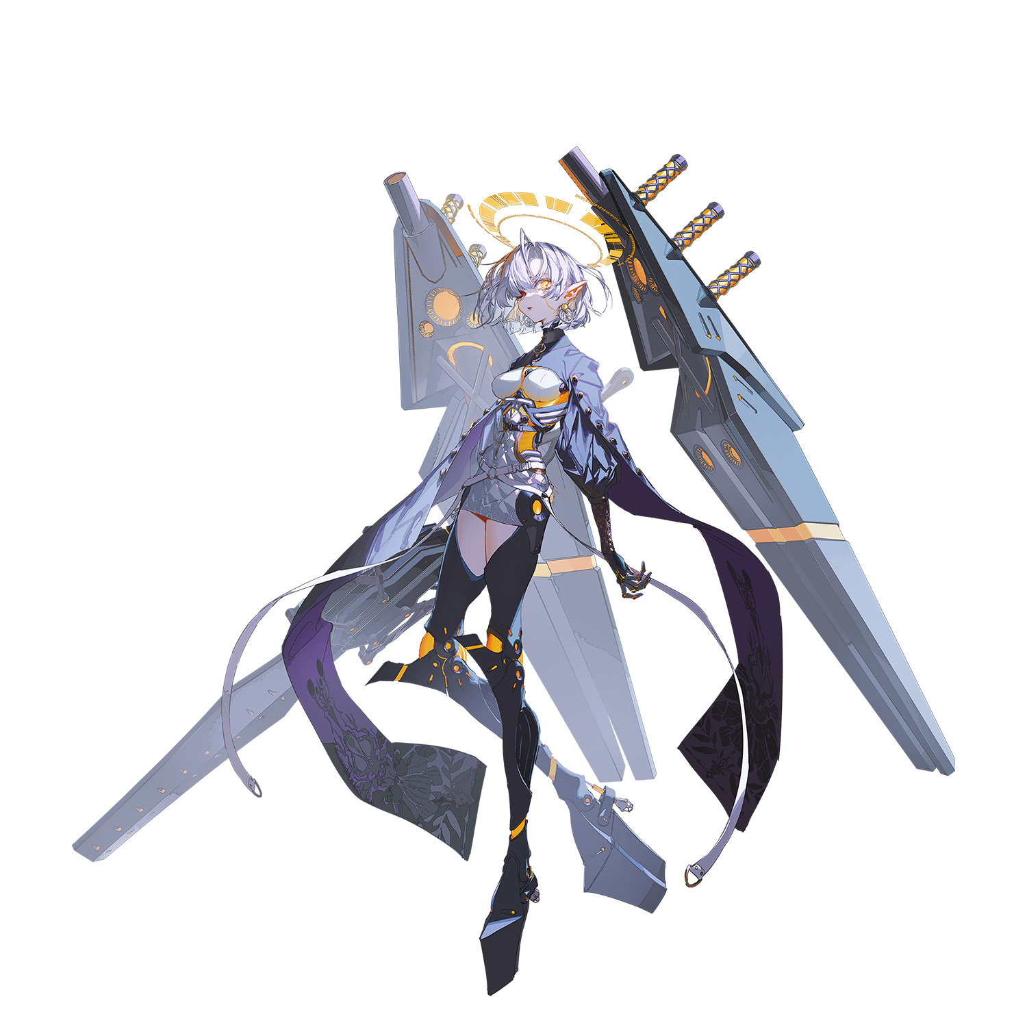 rolua, crymachina, highres, official art, 1girl, android, breasts, dress, earrings, floating, floating object, floating weapon, full body, halo, heterochromia, holding, holding sword, holding weapon, jewelry, looking at viewer, medium breasts, mikoto sengiku (crymachina), platform shoes, pointy ears, red eyes, science fiction, shoes, short dress, short hair, solo, sword, weapon, yellow eyes