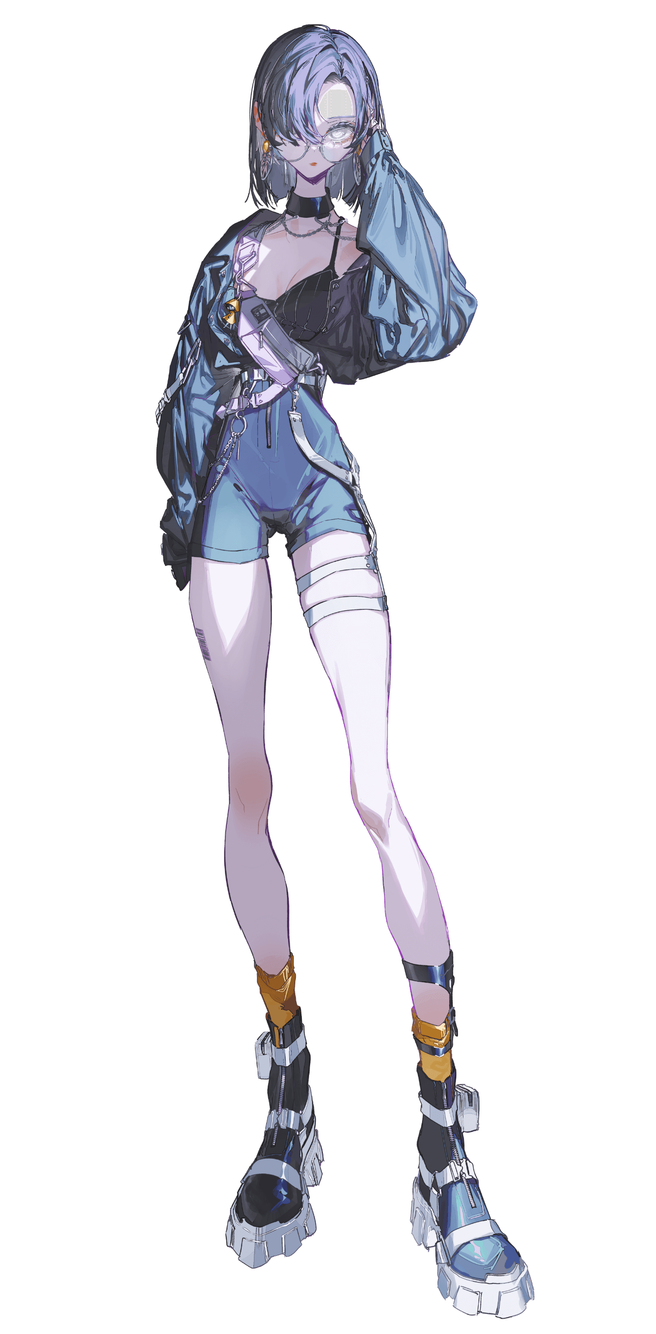 rolua, crymachina, absurdres, highres, official art, 1girl, belt, boots, breasts, camisole, earrings, expressionless, full body, glasses, grey hair, hair over one eye, high-waist shorts, jacket, jewelry, looking at viewer, medium breasts, mikoto sengiku (crymachina), open clothes, open jacket, round eyewear, short shorts, shorts, solo, transparent background, white eyes
