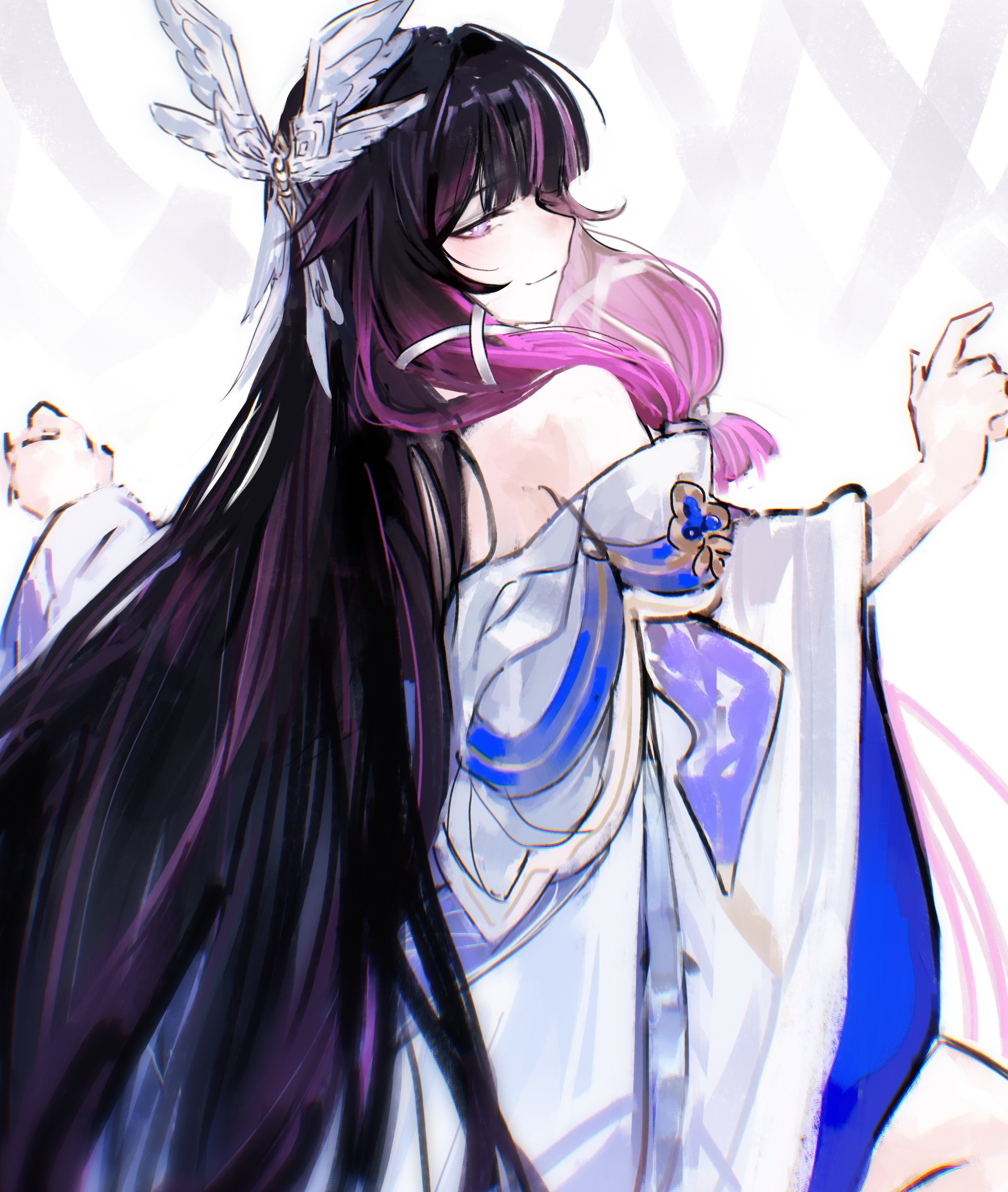 yotsutsu428, columbina (genshin impact), genshin impact, absurdres, commentary, highres, 1girl, bare shoulders, black hair, blue dress, dress, hair ornament, long hair, long sleeves, looking back, purple eyes, purple hair, sidelocks, smile, solo, two-tone dress, white dress, wide sleeves, wing hair ornament