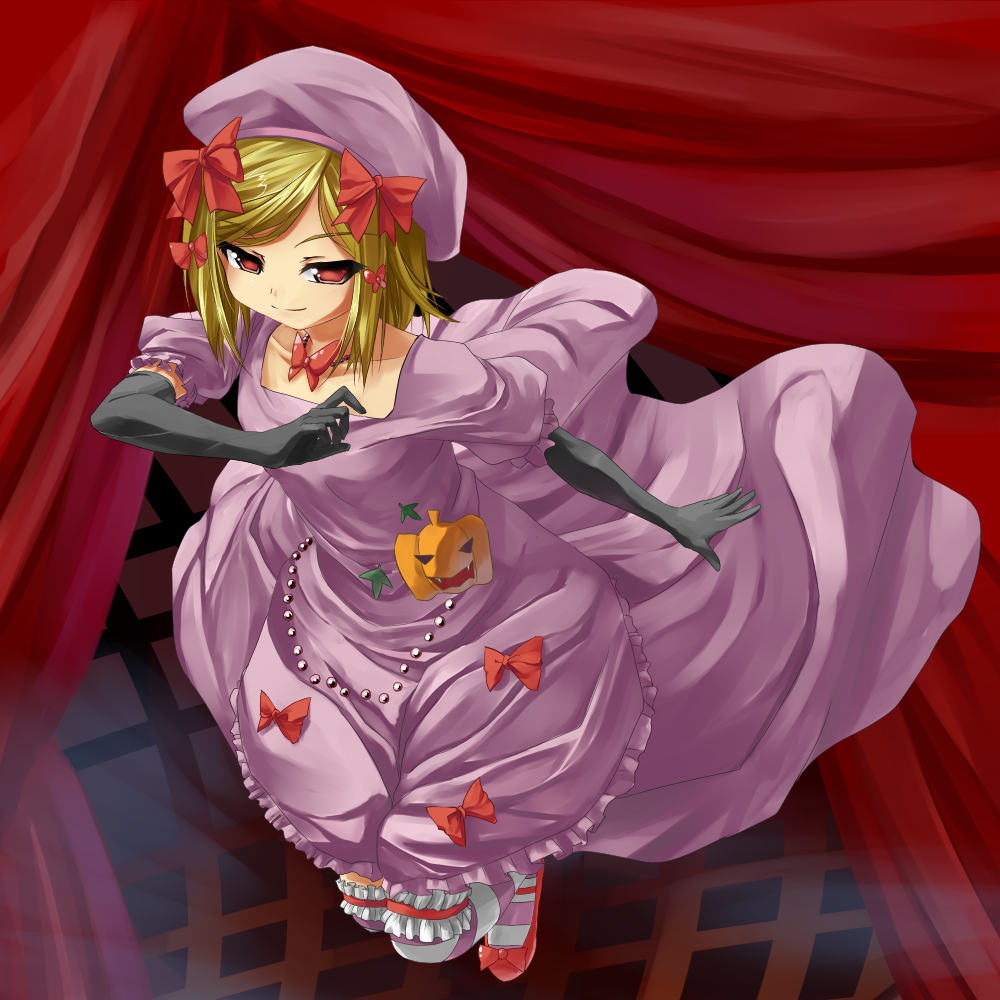 lambdadelta, umineko no naku koro ni, beret, blonde hair, bow, dress, elbow gloves, gem, gloves, hat, pearl (gemstone), pink dress, pumpkin, red eyes, ribbon, short hair, smile