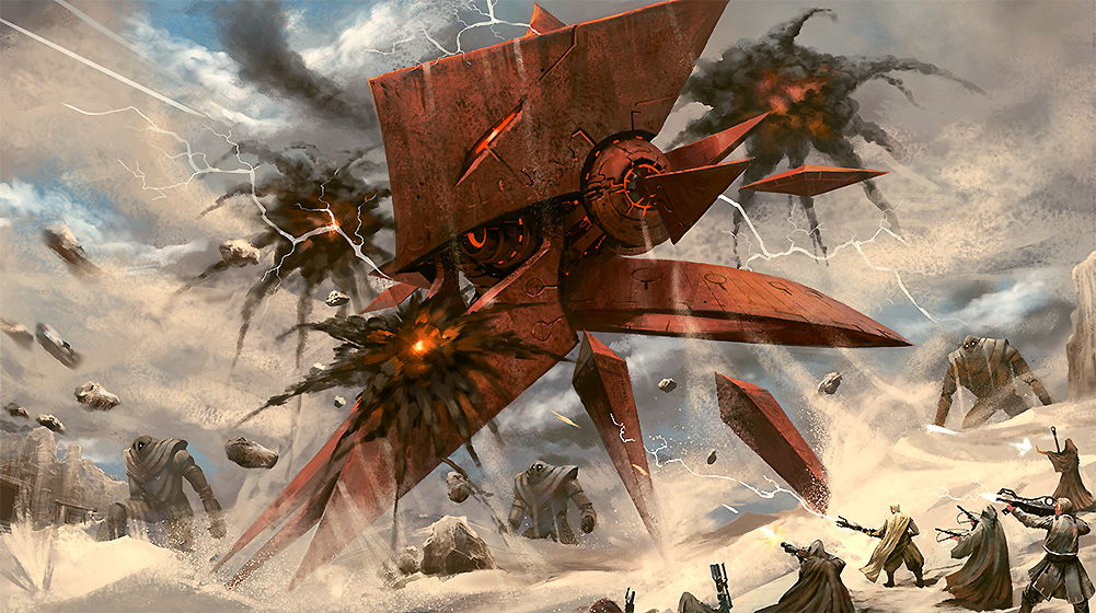 noba, red queen, pixiv fantasia, pixiv fantasia 4, 6+boys, battle, desert, gun, male focus, multiple boys, rifle, ship, watercraft, weapon