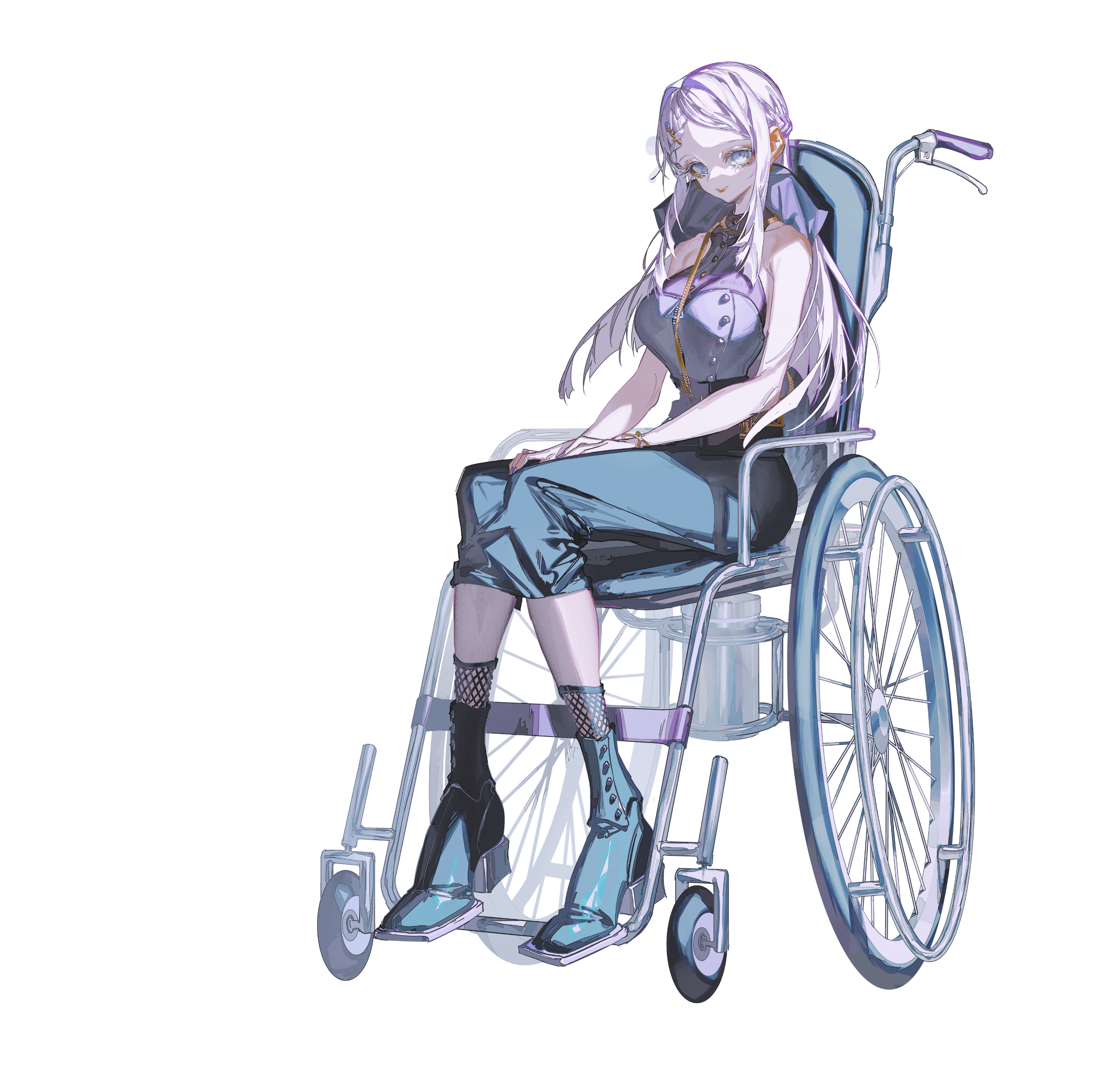 rolua, crymachina, absurdres, highres, official art, 1girl, ami shido (crymachina), bare shoulders, boots, breasts, full body, looking at viewer, medium breasts, pink hair, sitting, skirt, solo, transparent background, wheelchair, white eyes